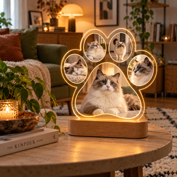 MemoraPaw pootjeslamp met vijf foto's van een ragdoll kat, op een ronde houten salontafel in de woonkamer