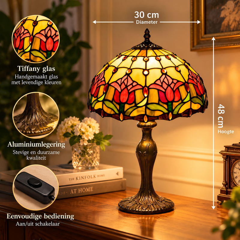 Afmetingen van de Tiffany tafellamp Tuin: kap Ø 30 cm, 48 cm hoog, metalen voet en schakelaar in het snoer