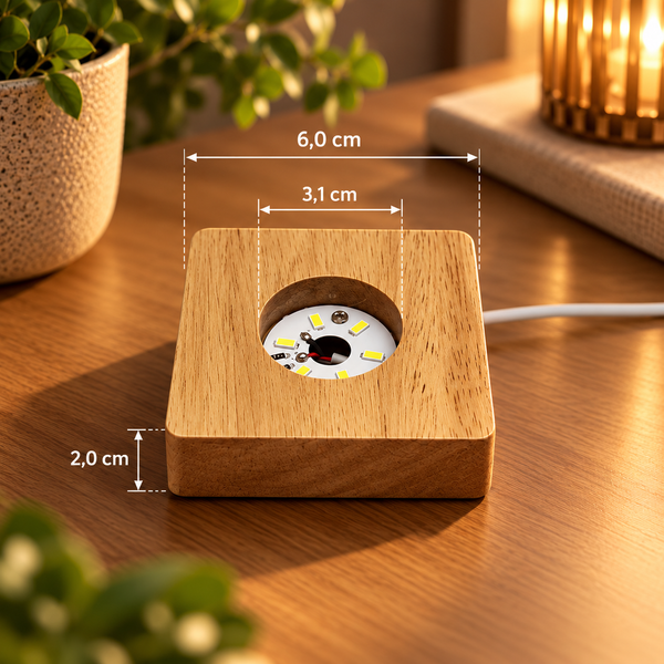 Afmetingen LumiBase: 6,0 × 6,0 cm, 2,0 cm hoog, lichtopening 3,1 cm