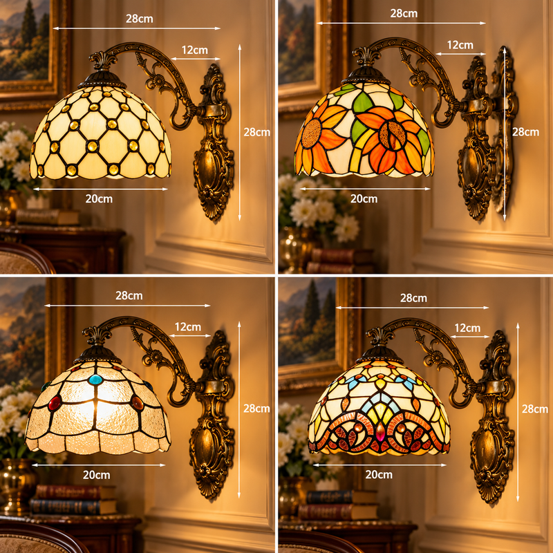 Afmetingen Tiffany wandlamp: kap Ø 20 cm, 28 cm hoog, 28 cm vanaf de muur, in de vier ontwerpen