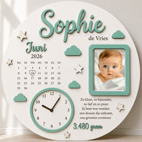 Gepersonaliseerd Houten Geboortebord – Sterren & Wolken Design