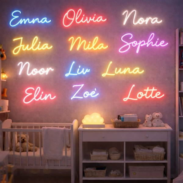 Overzicht neon naamlampen in verschillende kleuren — babykamer-inspiratie