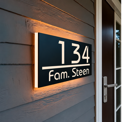 LumiHalo – Verlicht Huisnummerbord met Straat- of Familienaam | Led-lichtrand, 4 Maten