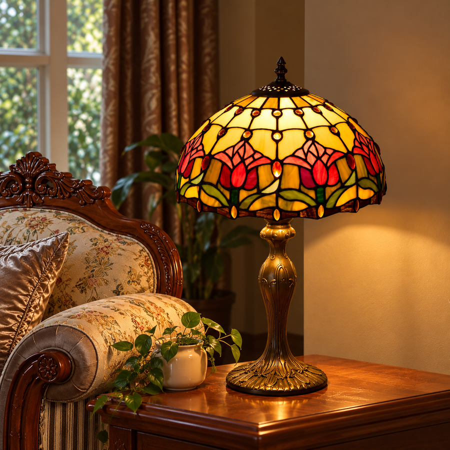 Tiffany tafellamp Tuin met tulpen, brandend in de woonkamer bij een fauteuil