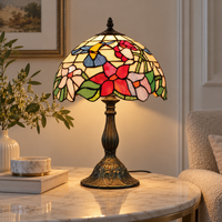 Tiffany tafellamp Tuin, ontwerp Kolibrie – bloemen en kolibries in glas-in-lood, kap Ø 30 cm