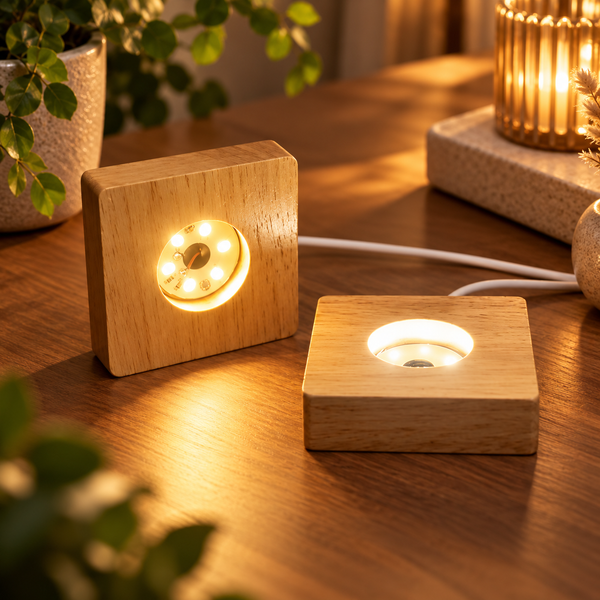 LumiBase als nachtlampje: twee houten LED-lichtvoeten met warm licht op een tafel