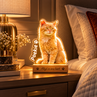 MemoraPet Lamp op het nachtkastje: acryl lampje met de foto van een rode kat, de naam Poekie en tekst op de houten voet, naast het bed