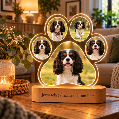 MemoraPaw – Pootjeslamp met 5 Foto's van je Huisdier | Acryl op Houten Led-voet met Eigen Tekst