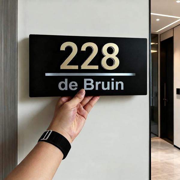 Huisnummerbord met 3D-cijfers en naam overdag aan de muur: LumiRelief 228 de Bruin, 30 × 15 cm