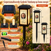 MemoraGarden onderdelen en afmetingen: zonnepaneel, led-lampje, oplaadbare batterij 600 mAh, lantaarn 8 × 14 cm en hoge of lage paal