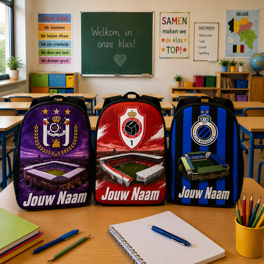 Drie gepersonaliseerde voetbalclub rugzakken van Anderlecht, Antwerp en Club Brugge met eigen naam, op een bureau met schoolspullen