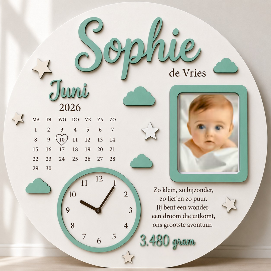 Gepersonaliseerd Houten Geboortebord – Sterren & Wolken Design