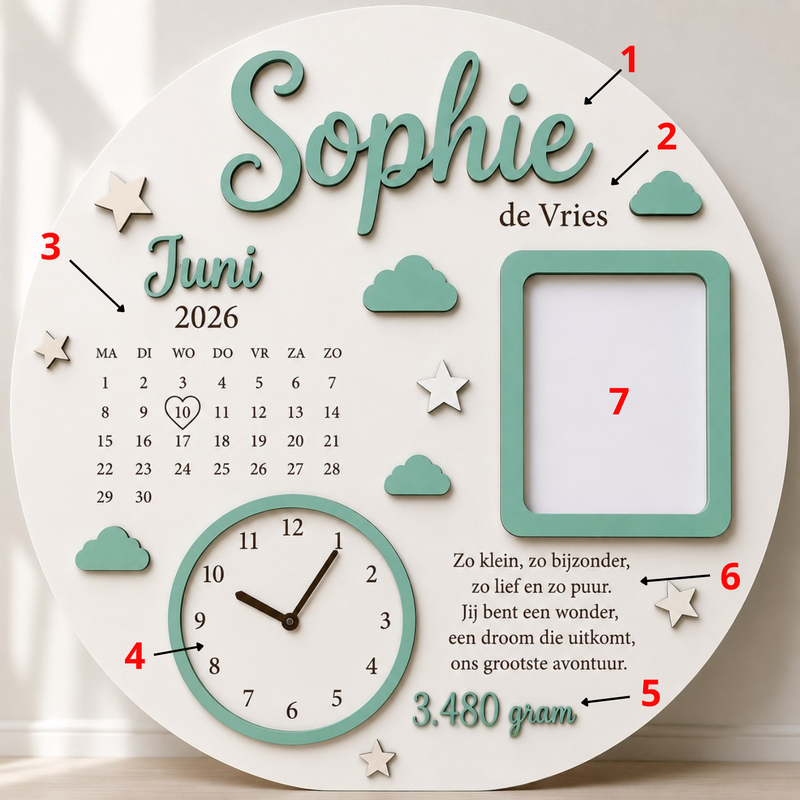 Gepersonaliseerd Houten Geboortebord – Sterren & Wolken Design