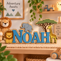 JungleName – Houten Naambord met Jungledieren | Gepersonaliseerd met Naam, 25 cm, 12 Letterkleuren