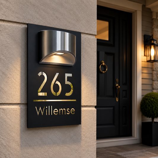 Solar LED Huisnummerbord 22 x 35 cm - Zwart met Gouden of Zilveren Letters