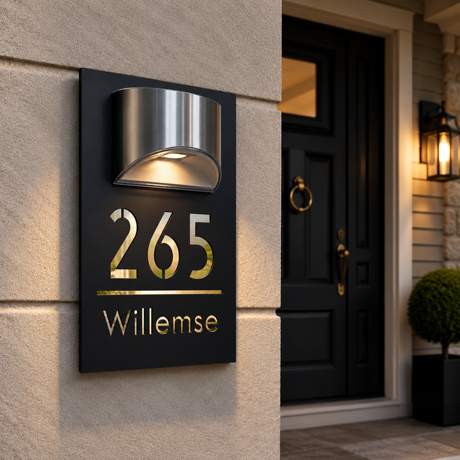 Solar LED Huisnummerbord 22 x 35 cm - Zwart met Gouden of Zilveren Letters