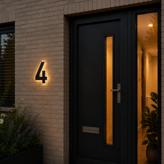 Solar huisnummer verlichting: verlicht LED huisnummerbord aan de gevel in het donker
