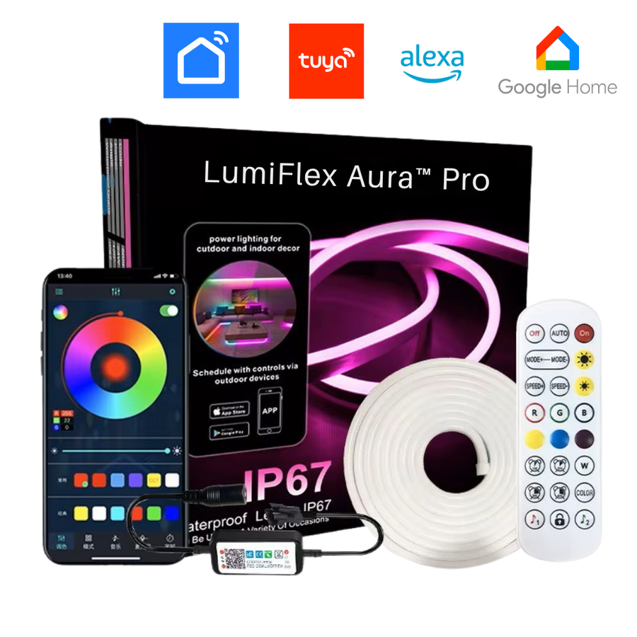 LumiFlex Aura Pro smart neon LED-strip pakket — IP67 spoel, Tuya / Alexa / Google Home, afstandsbediening en app-bediening