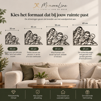 Maatvergelijking MemoraLine: lijnportretten van 30, 45, 55 en 65 cm breed boven een bank