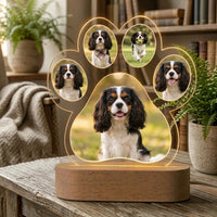 MemoraPaw pootjeslamp met vijf foto's van een cavalier, brandend op een rustiek houten tafeltje naast de bank