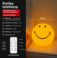 Smiley Bol Lamp USB-oplaadbare versie infographic met afstandsbediening, drie lichtkleuren en timer-functie