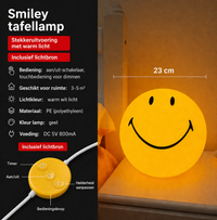 Smiley Bol Lamp plug-in versie infographic met touchbediening op snoer en warm wit licht