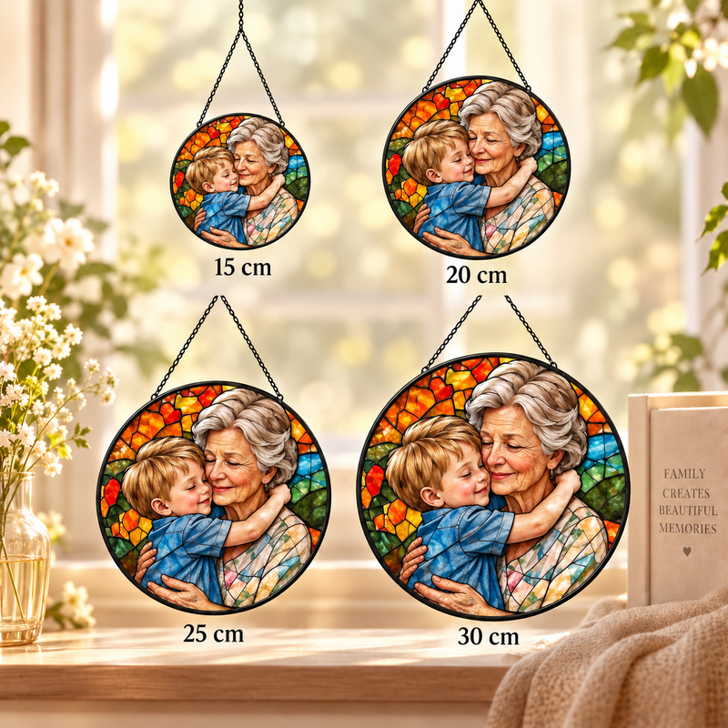 Zonnevanger met eigen foto in glas-in-lood stijl voor het raam