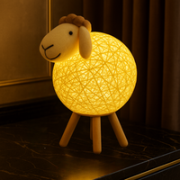 WoolyGlow handgeweven schaap nachtlamp close-up met gloeiende katoenen bol, zachte schaapskop en houten pootjes