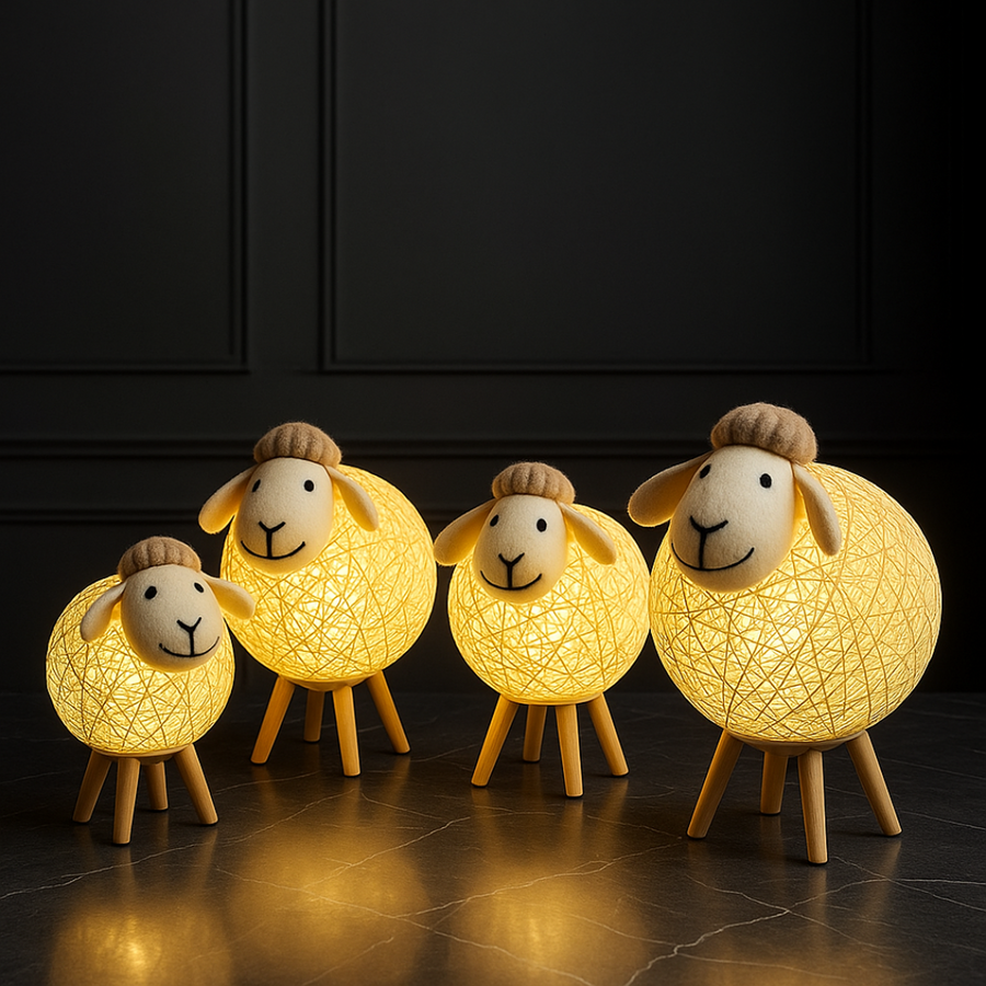 WoolyGlow handgeweven schaap nachtlampen in 4 maten met gloeiende katoenen vacht en houten pootjes