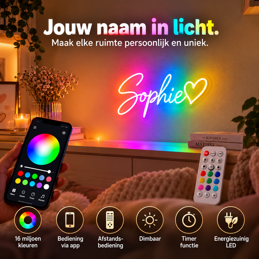 RGB neonlamp met naam, te bedienen met app en afstandsbediening