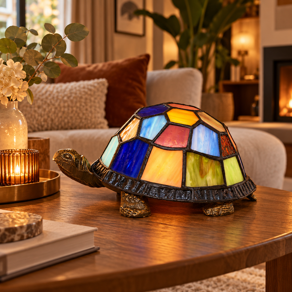Tiffany schildpadlamp uitgeschakeld, met bronskleurige kop en pootjes