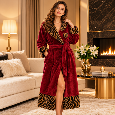 LuxeRobe – Zachte Fleece Ochtendjas met Tijgerprint | Lange Dames Huisjas in Bordeauxrood, S t/m 2XL
