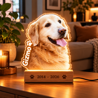 MemoraPet Lamp als herinnering: acryl lampje met de foto van een golden retriever, de naam Gizmo en jaartallen op de voet, op een houten tafel in de woonkamer