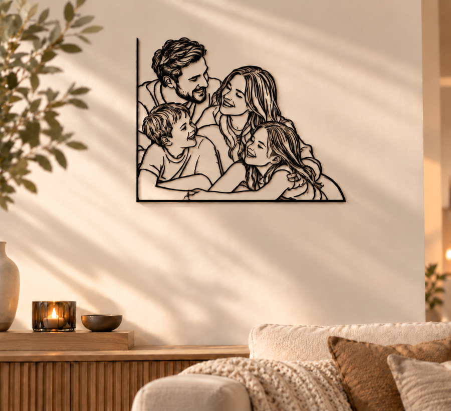 MemoraLine – Gepersonaliseerd Familieportret in Metaal | Lijnkunst Wanddecoratie naar Eigen Foto
