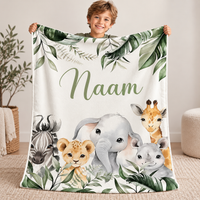 SnuggleName fleece deken met naam – ontwerp Safari Groene Bladeren