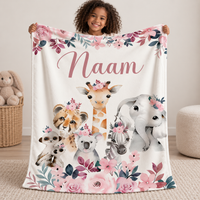 SnuggleName fleece deken met naam – ontwerp Safari Roze Bloemen