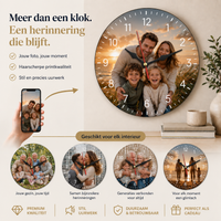MemoraClock infographic: meer dan een klok – jouw foto, haarscherpe printkwaliteit en stil uurwerk, geschikt voor elk interieur