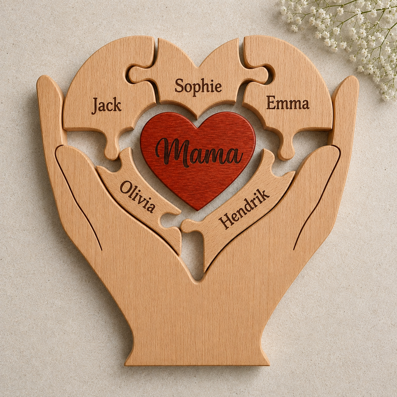 Houten familiepuzzel met namen — FamilyPiece met namen in het hout