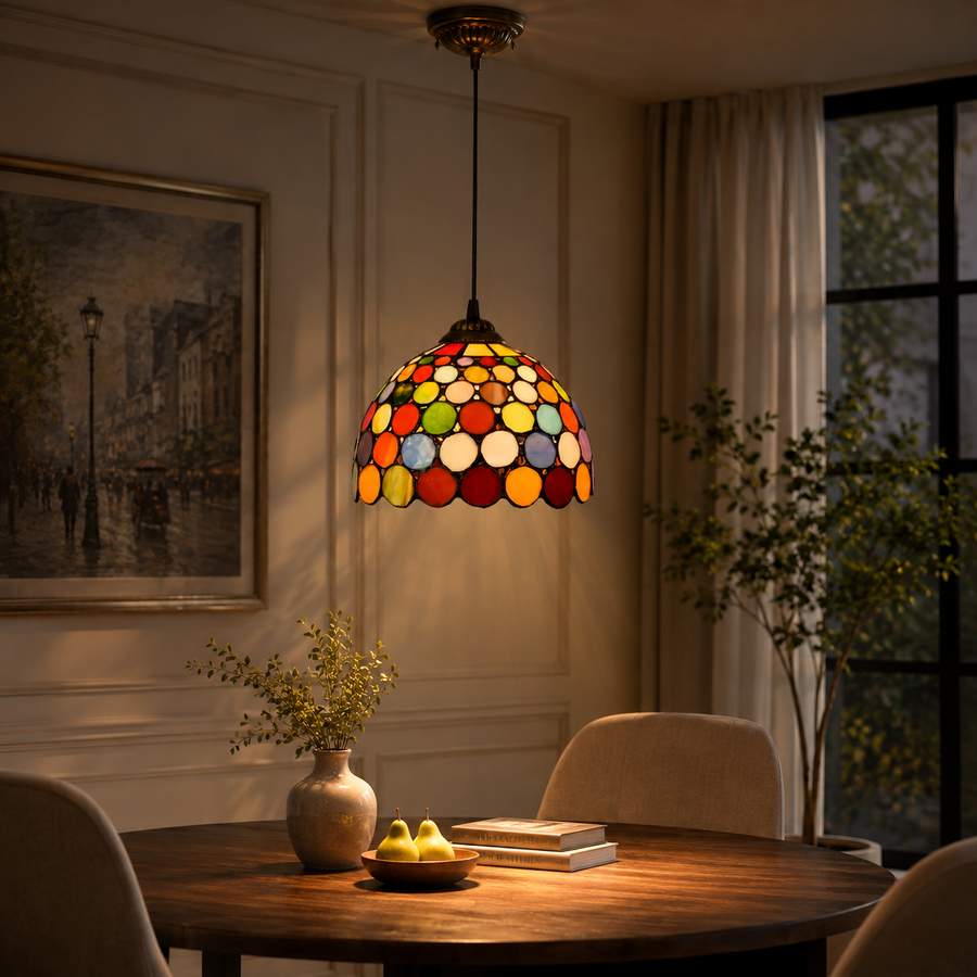 Confetti glas-in-lood hanglamp brandend in een warm verlichte woonkamer