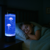 JellyGlow kwallen nachtlamp brandend op nachtkastje naast slapend kind voor rustgevende slaapkamer-sfeer