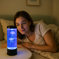 Jonge vrouw geniet liggend in bed van de kalmerende JellyGlow kwallen-sfeerlamp op nachtkastje
