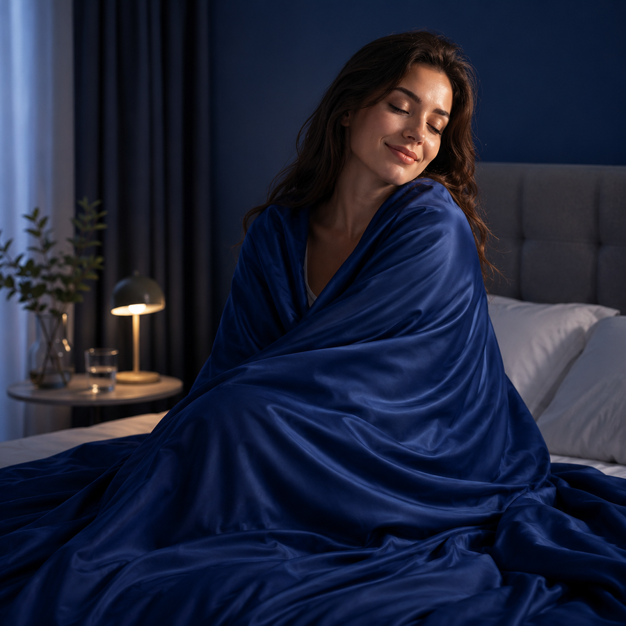 Dubbelzijdige verkoelende zomerdeken over bed — ademend koeldeken tegen plaknachten