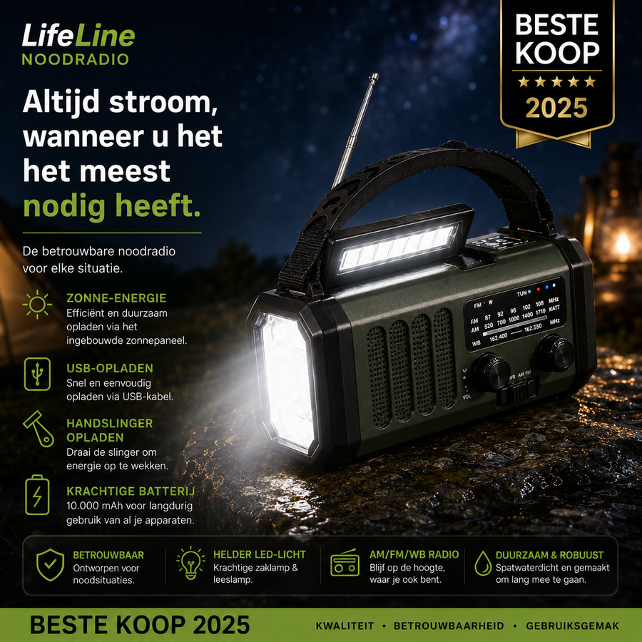 Lifeline Noodradio 10.000 mAh Powerbank - Zonne-energie, Handslinger en SOS-alarm — detail