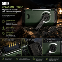 De drie oplaadmethoden van de Lifeline noodradio: zonne-energie, USB en handslinger
