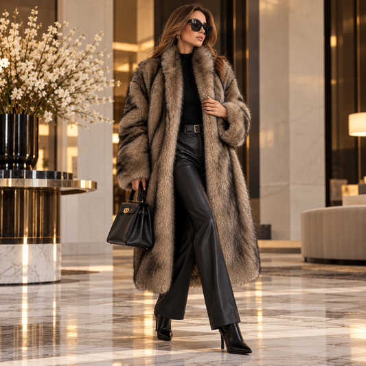 Vrouw in de LuxeFur lange faux fur jas in camel met zwarte leren broek en tas