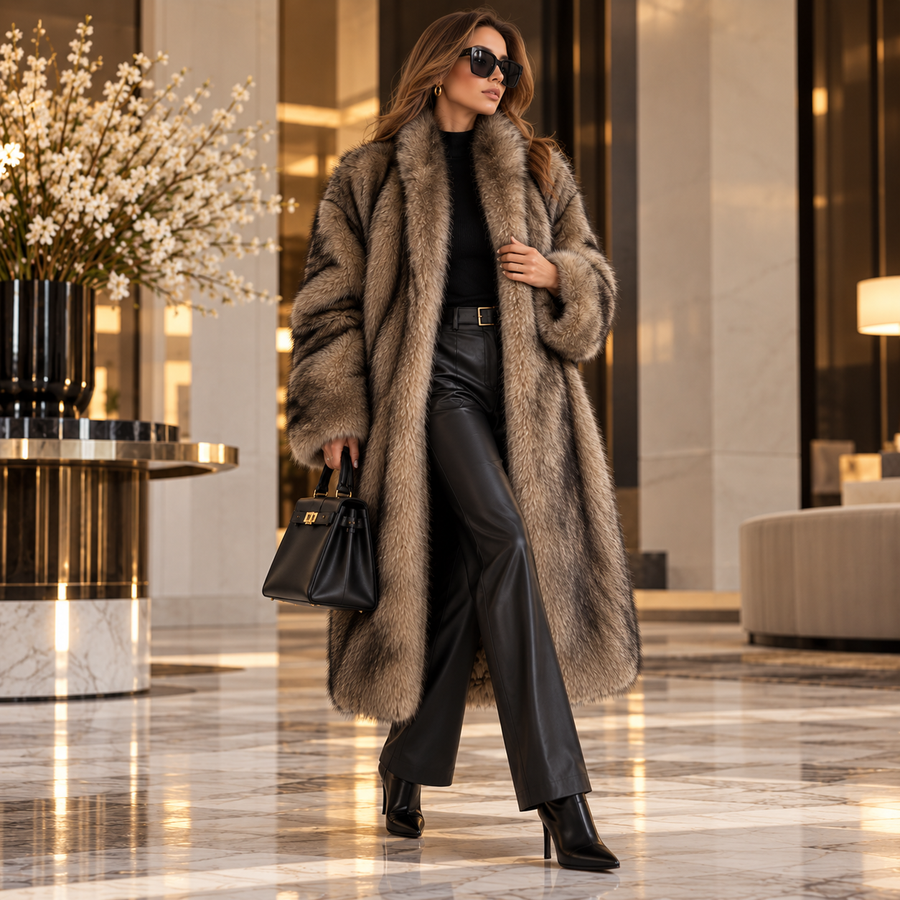 Vrouw in de LuxeFur lange faux fur jas in camel met zwarte leren broek en tas