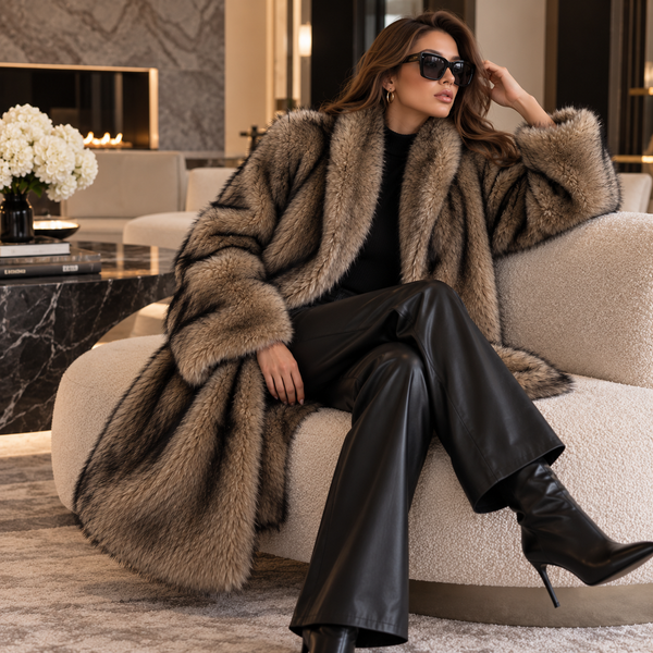 LuxeFur faux fur jas in camel met brede reverskraag, zittend op een crèmekleurige bank