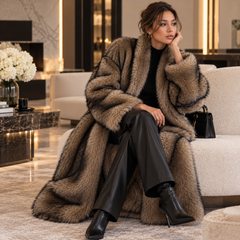 LuxeFur lange faux fur jas in camel, zittend gedragen over een zwarte coltrui en leren broek