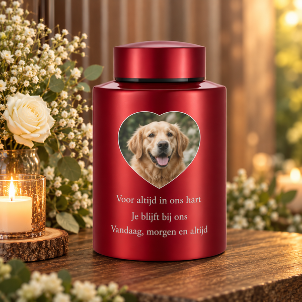 MemoraUrn rood met foto van een hond