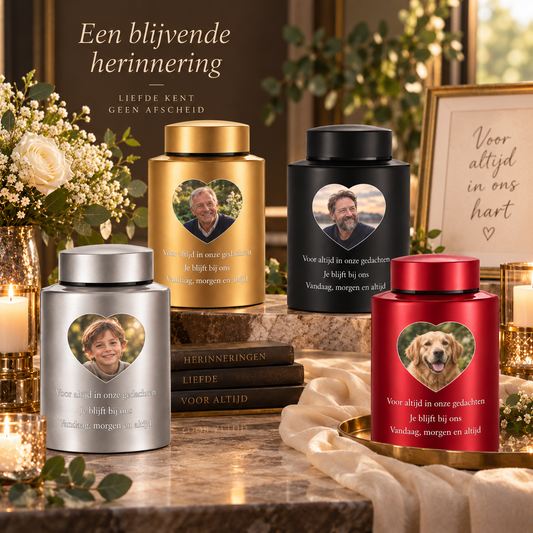 MemoraUrn gepersonaliseerde foto-urn in vier kleuren – goud, zwart, zilver en rood – met hartvormige foto en persoonlijke tekst, een blijvende herinnering
